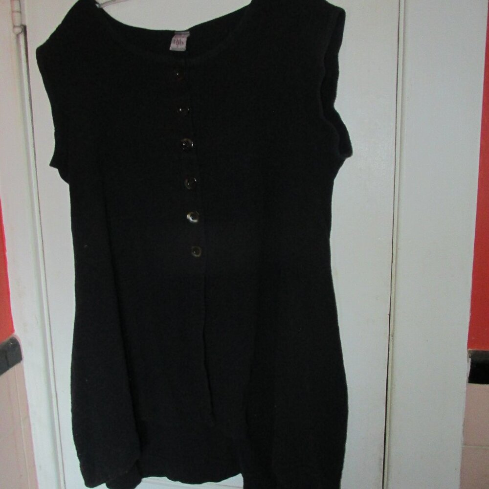 Blue Fish Black Cotton Fleece Button Vest Lagenlook Art to Wear Size 1 Small/Med